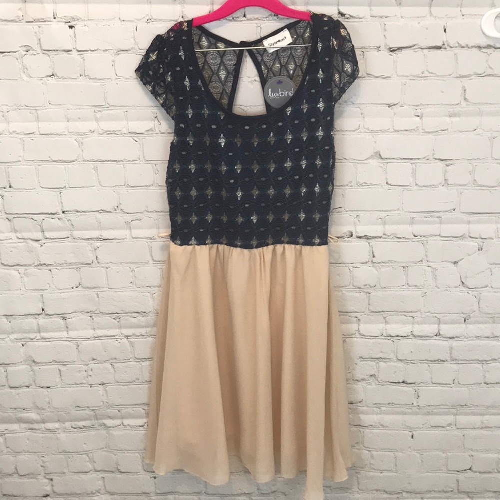 Midnight blue, gold, and cream dress